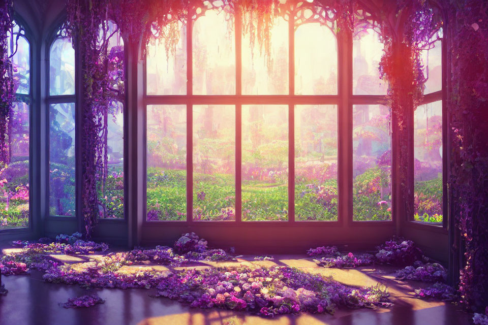 Bright sunlight through bay window highlights garden view and flower petals.