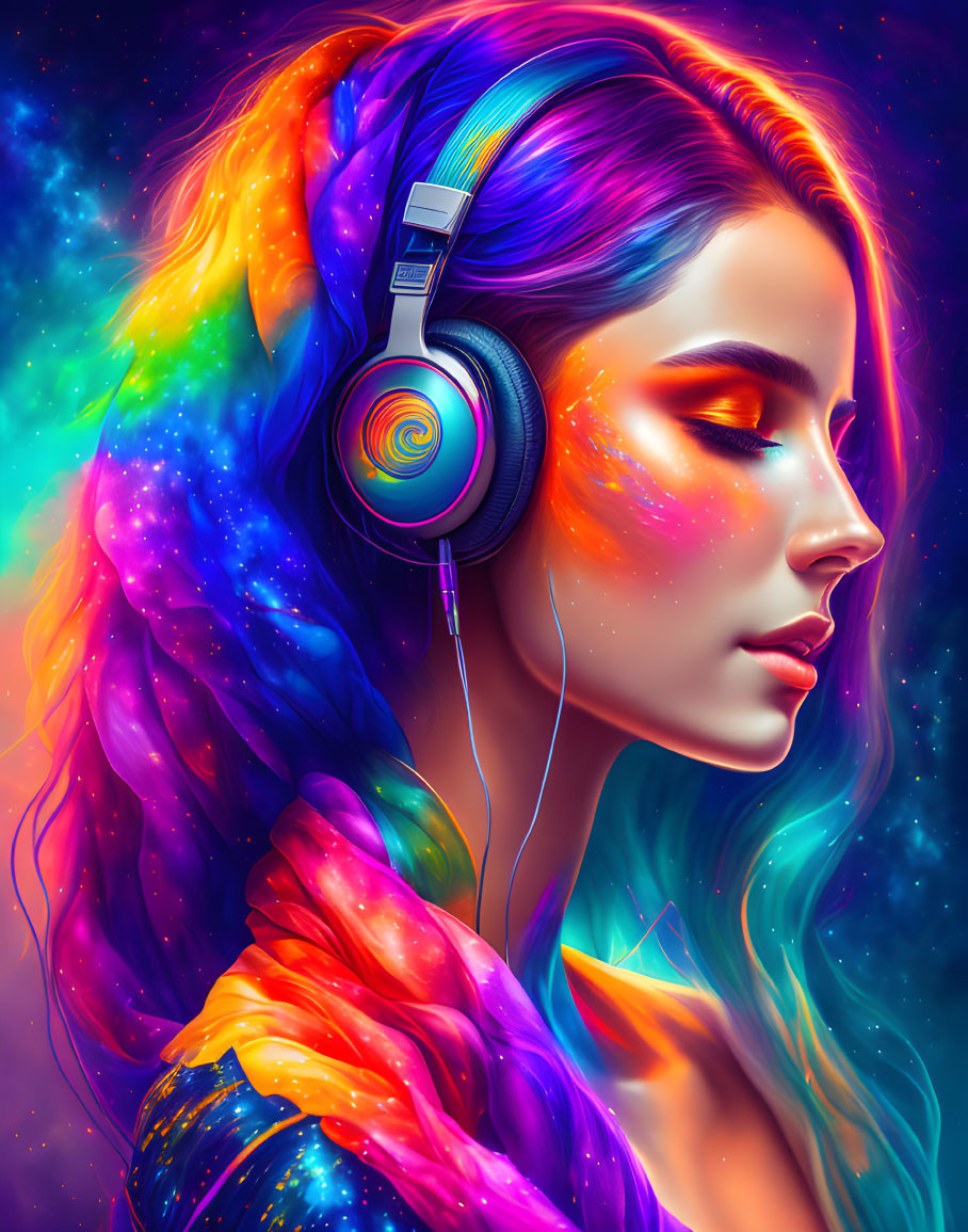 Colorful Galaxy-Themed Hair Woman Profile with Headphones