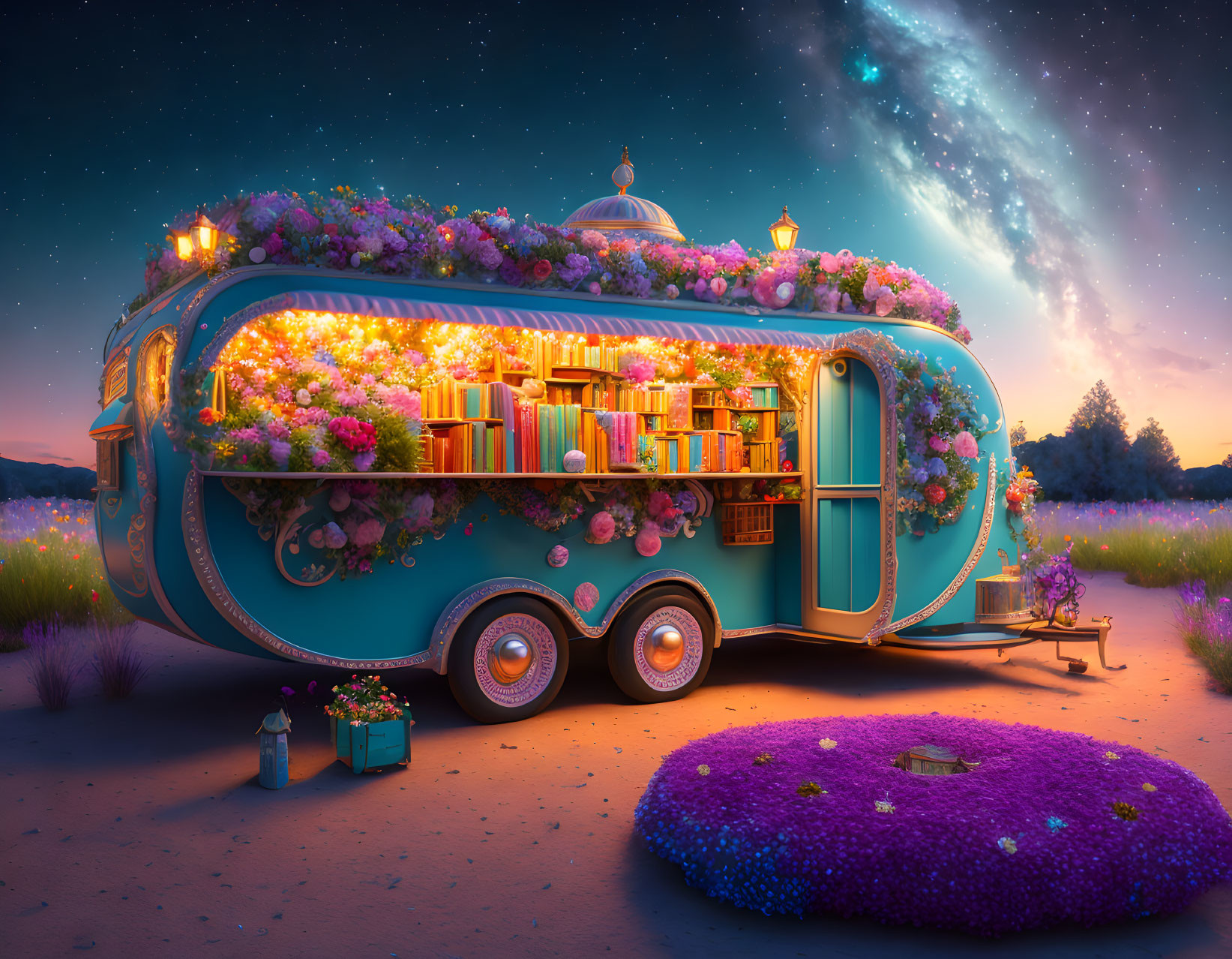 Whimsical caravan library with books and flowers under starlit sky