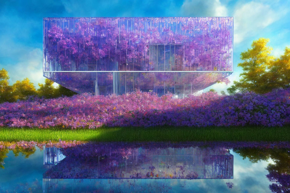 Modern transparent structure with purple foliage, lavender fields, and serene water reflection.