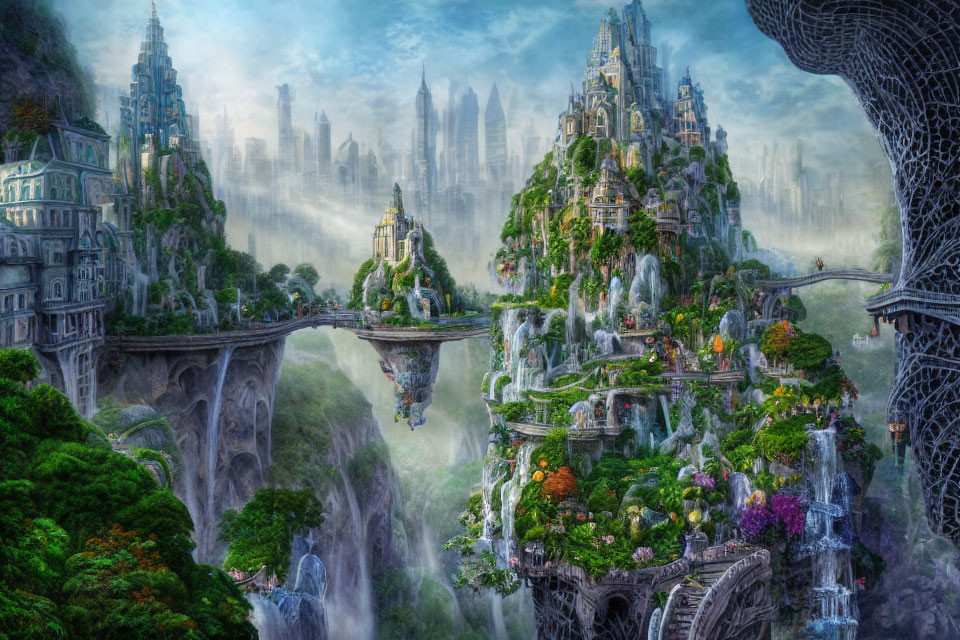 Majestic fantasy landscape with lush greenery and waterfalls