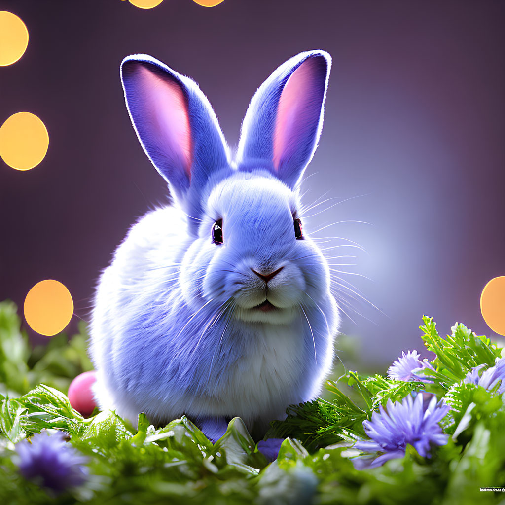 Colorful Digital Artwork: Blue Rabbit in Lush Garden with Glowing Lights