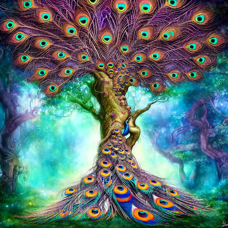 Vibrant peacock feathers blend with tree branches in mystical forest