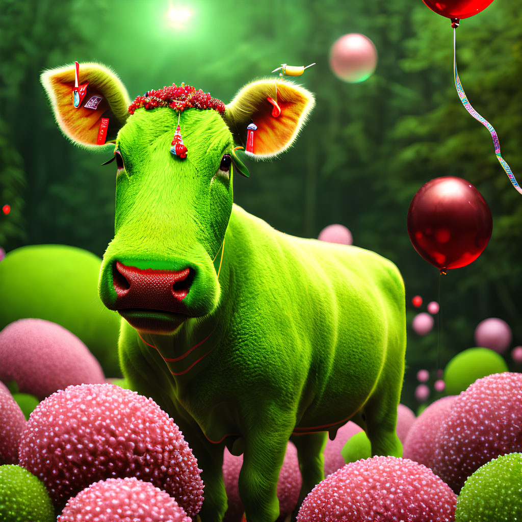 Colorful Cartoon Cow with Festive Decorations and Earrings in Whimsical Forest Scene