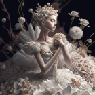 Animated princess in sparkling gown with jeweled tiara among roses