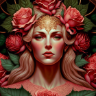 Woman with closed eyes, roses in hair, gold headpiece, surrounded by floral patterns