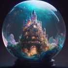 Enchanting snow globe scene with mystical castle, starlit sky, and lush greenery