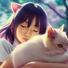 Blue Cat-Eared Girl with White and Orange Cat in Pink Blossom Setting