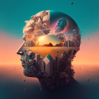 Digital art: Fragmented robot head against sunset sky