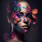 Colorful digital illustration of woman with vibrant flowers, butterflies, and makeup