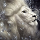 White lion with piercing eyes in snowy forest