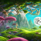 Enchanting forest scene with oversized mushrooms and mysterious figure