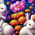 Three White Rabbits Surrounded by Colorful Flowers on Dark Blue Background