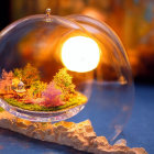 Miniature garden with vibrant flowers and trees under glass dome and warm glow bulb