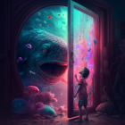 Child at open doorway to vibrant cosmic scene with giant whimsical cat