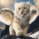 Snow leopard-bodied creature with eagle wings on branch in snowy mountain scene