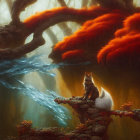 Fox on moss-covered branch in mystical forest with red foliage