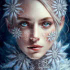 Close-up Digital Portrait of Person with Blue Eyes, Pale Skin, White Hair & Snowflake Adorn