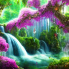 Fantastical landscape with waterfalls, greenery, and solitary figure