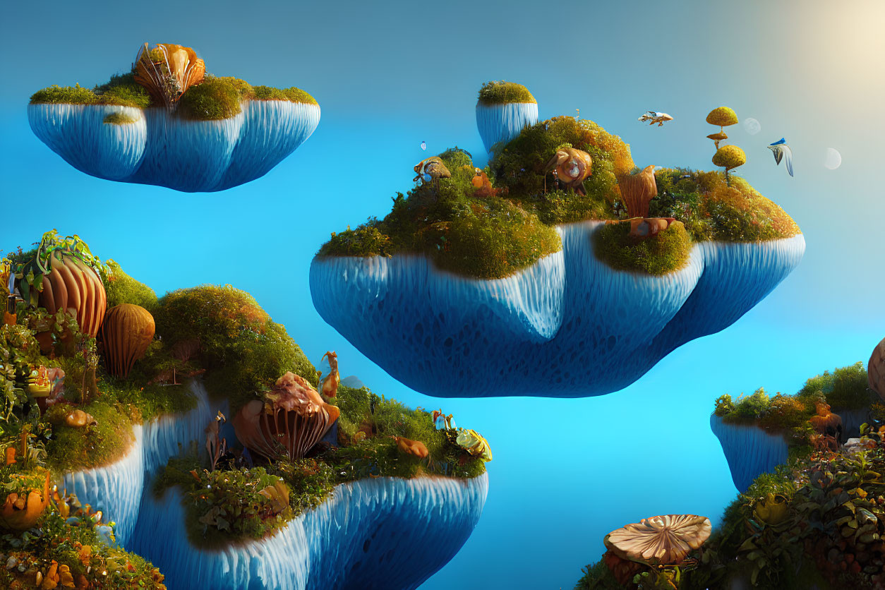 Fantasy landscape with floating islands and oversized mushrooms in lush greenery