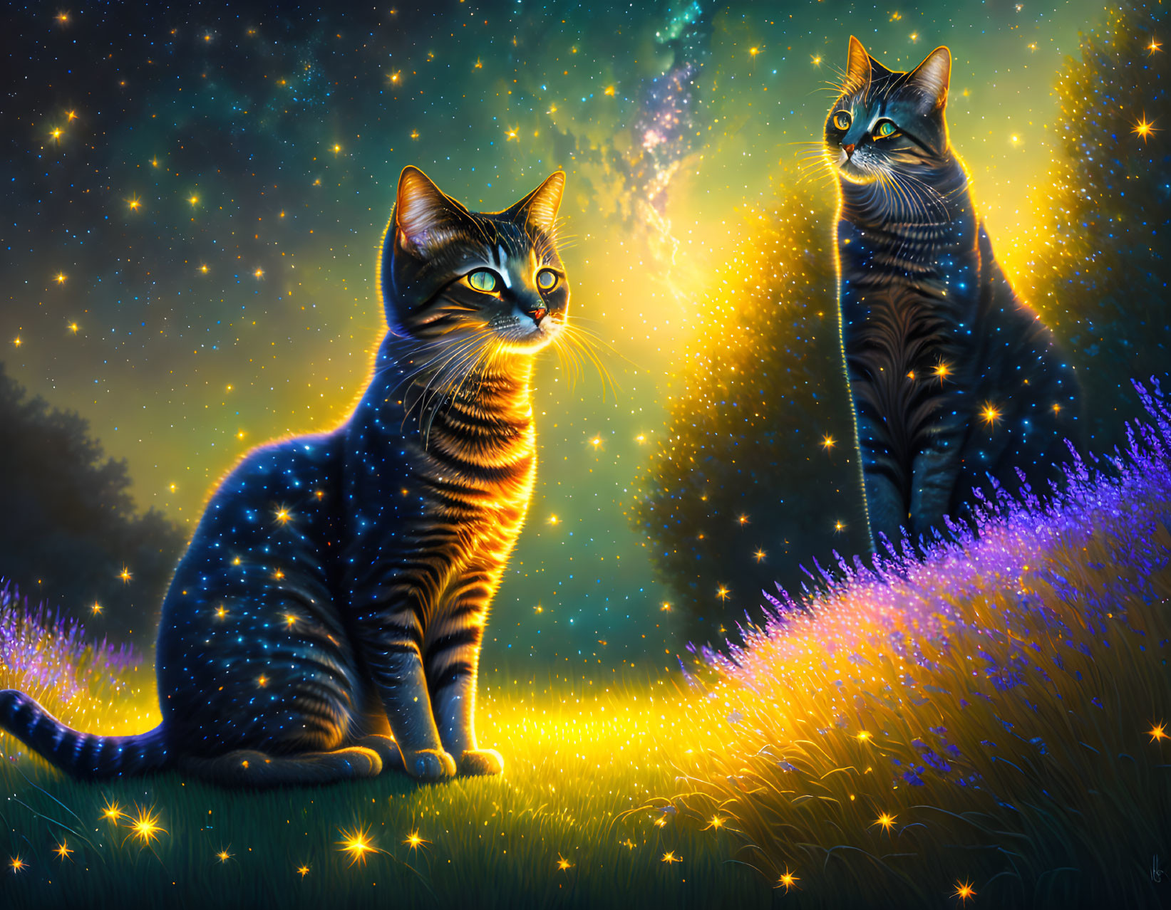 Ethereal striped cats in magical starlit field