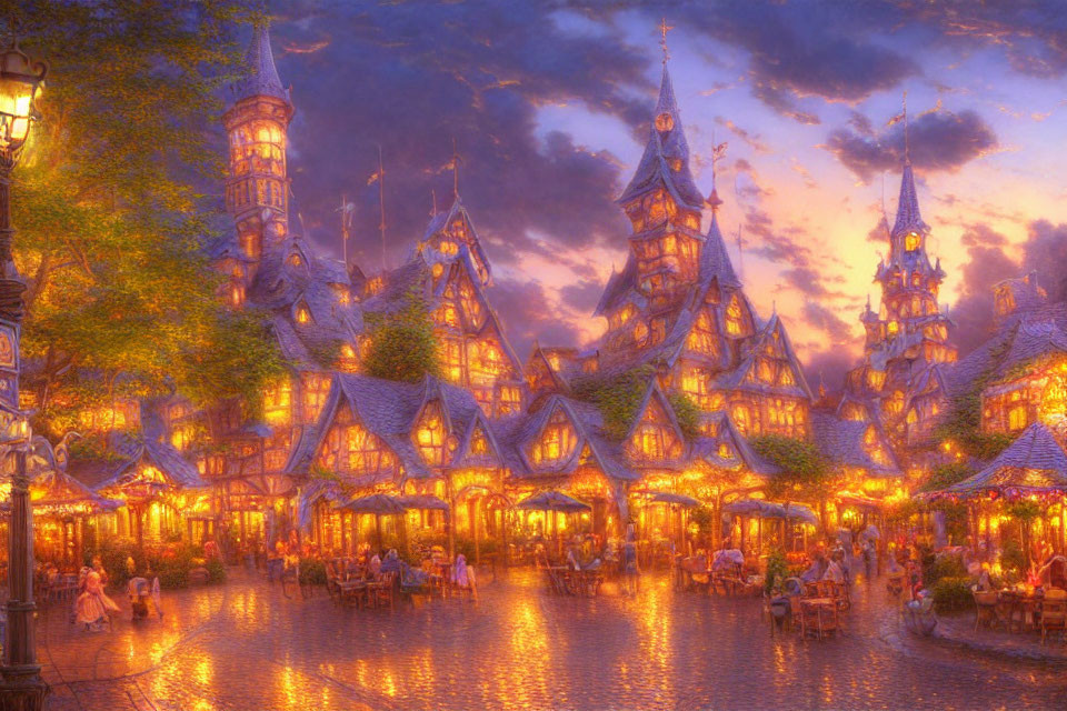 Illuminated Village at Dusk with Whimsical Buildings and Al Fresco Dining