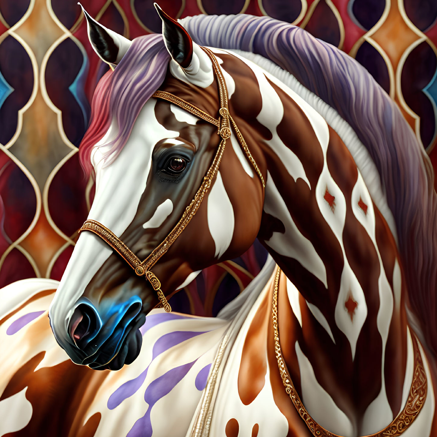 Stylized portrait of a brown and white horse with purple mane and golden bridle on colorful geometric