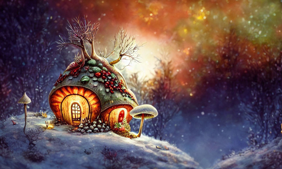 Cozy mushroom house in snowy landscape with warm glow