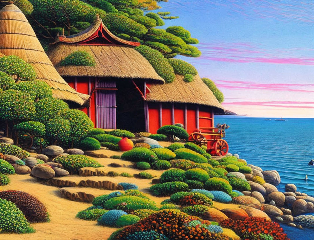 Vibrant seaside illustration with thatched huts, bushes, cart, ocean, and pastel