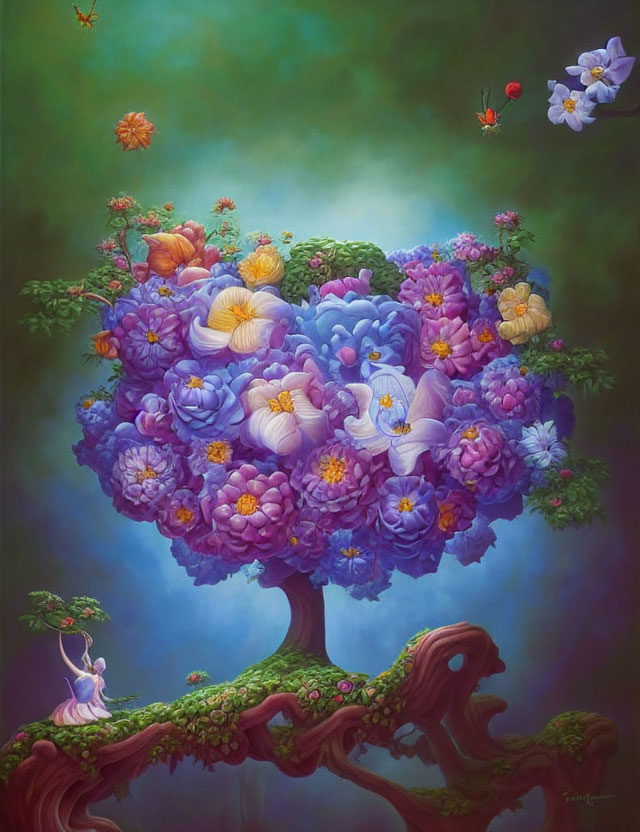 Colorful painting of whimsical tree with flower canopy and butterflies