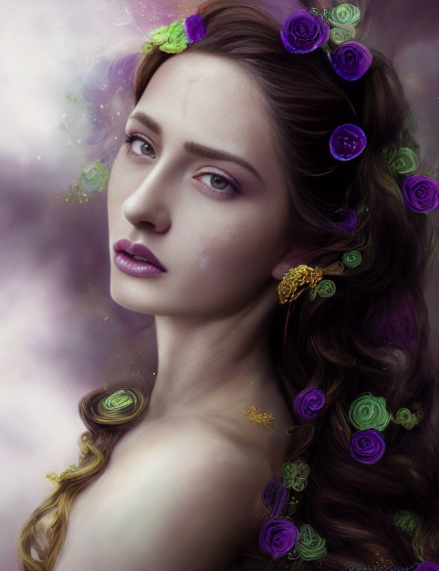 Digital portrait of a woman with floral hair swirls in purple and green hues on a soft bokeh