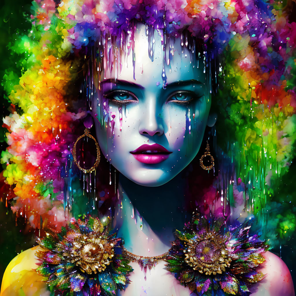 Colorful digital artwork: Woman with blue eyes and floral elements