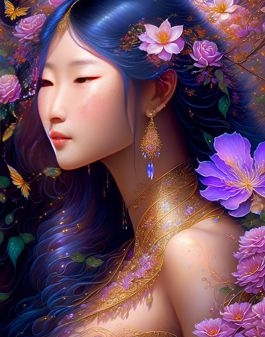 Digital artwork: Person with blue hair, adorned with flowers and gold jewelry