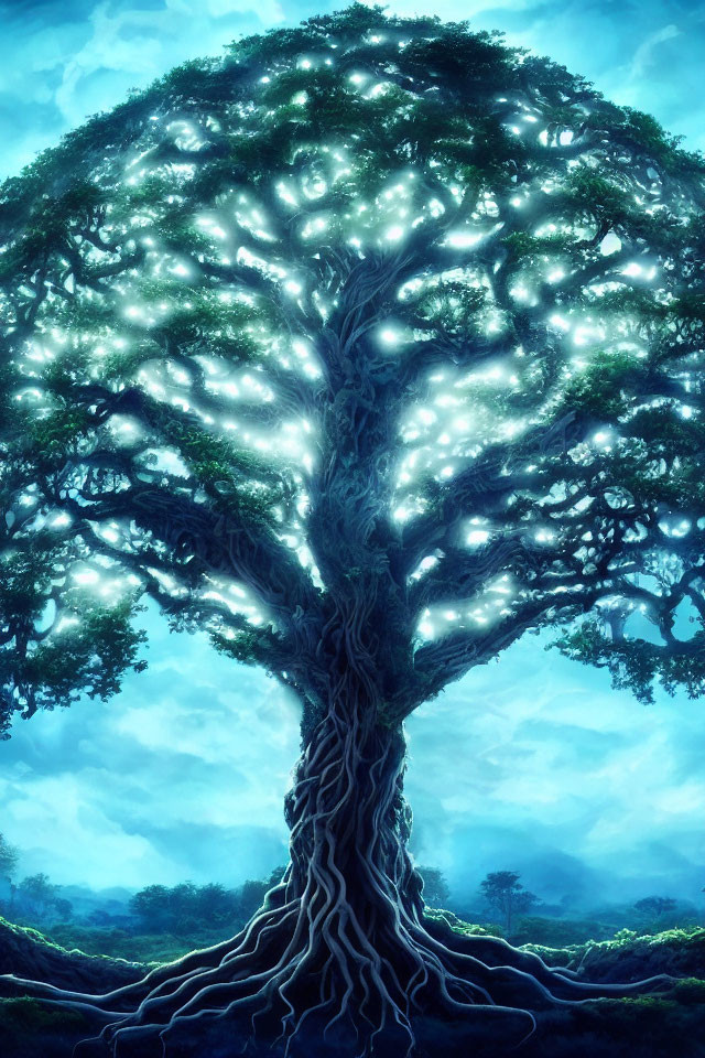 Majestic tree with intricate roots and luminous branches in mystical blue forest