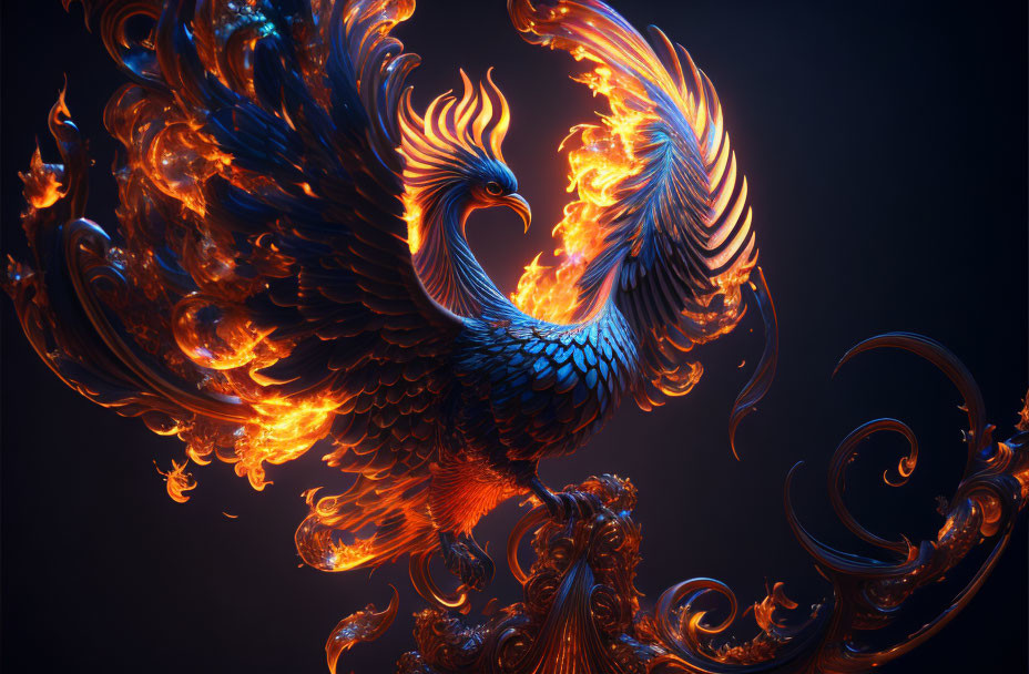 Digital Art: Phoenix with Fiery Wings on Dark Blue Background