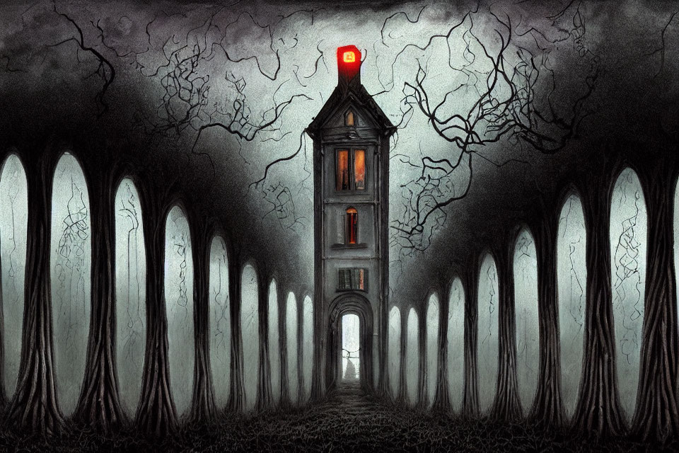 Tall, narrow house with red light in ghostly forest