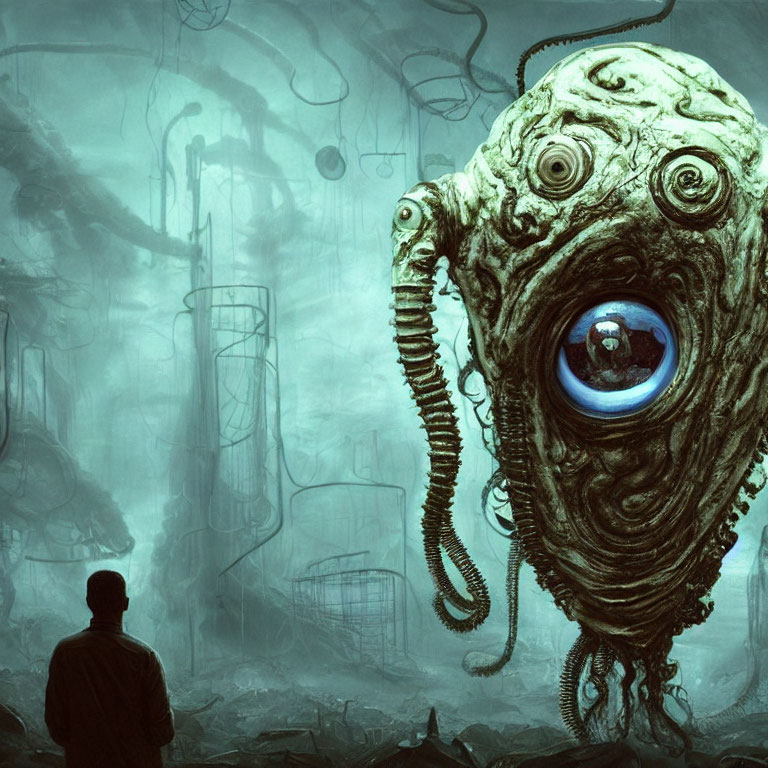 Surreal creature with tentacles and blue eye in dystopian landscape