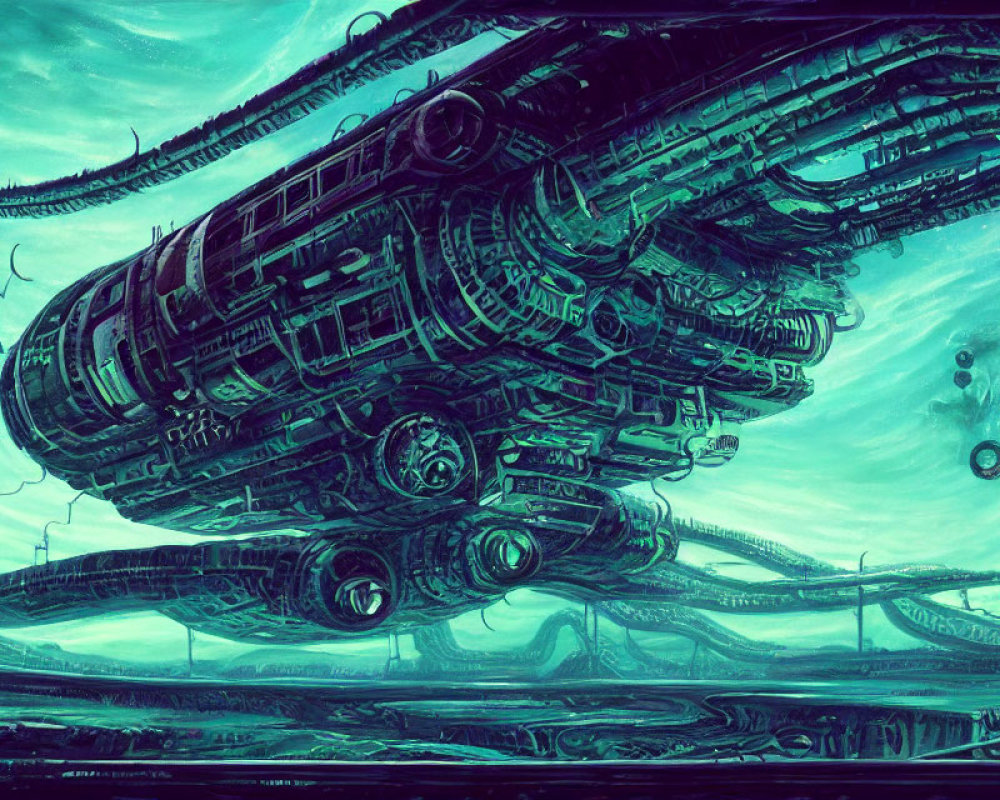 Intricate futuristic spaceship in green-tinted alien sky