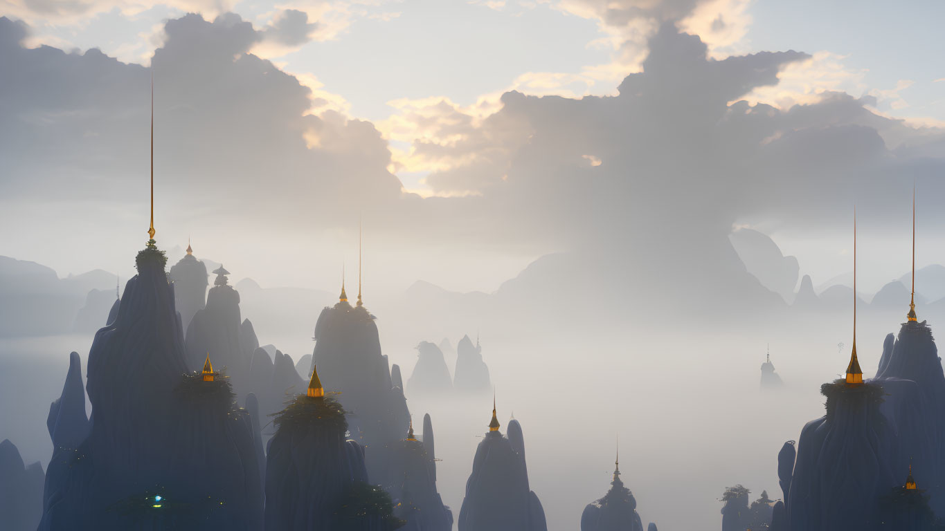 Mystical sunrise landscape with fog, towering mountains, and golden pagodas