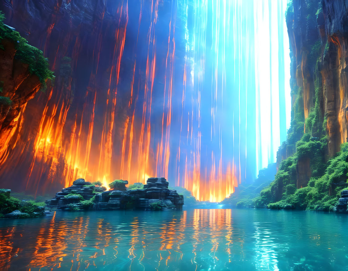 Mystical canyon with cliffs, river, waterfalls, and fires