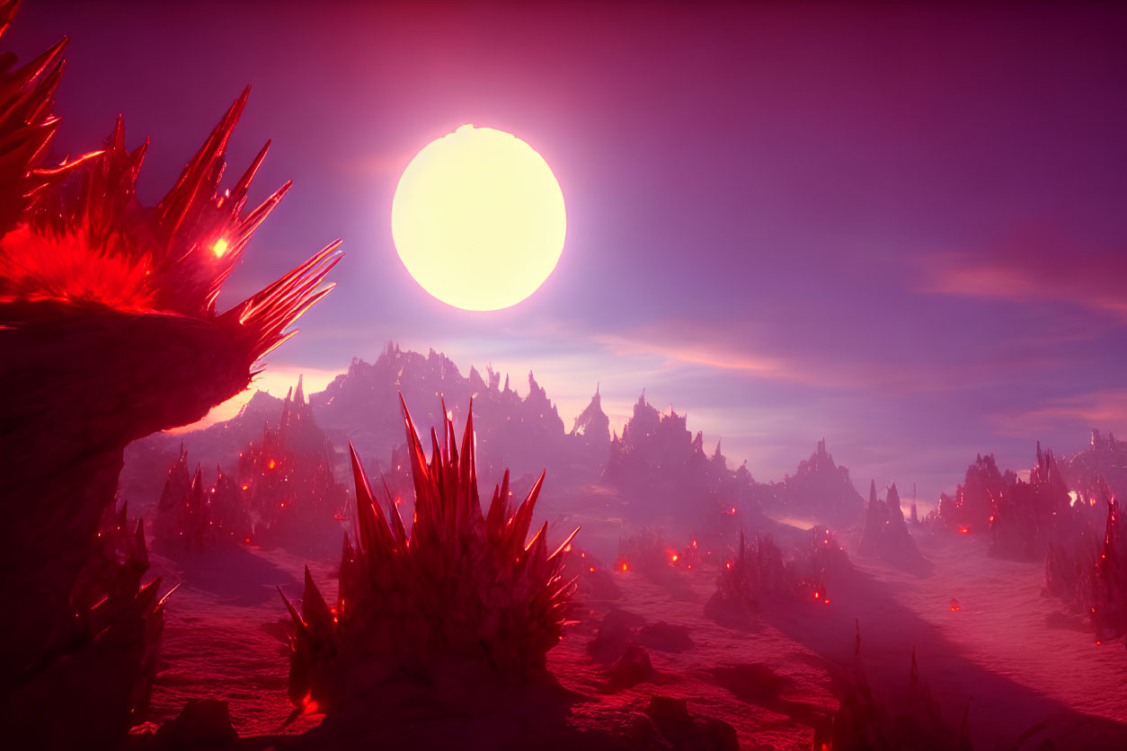 Surreal landscape with spiky formations under a large pink sun