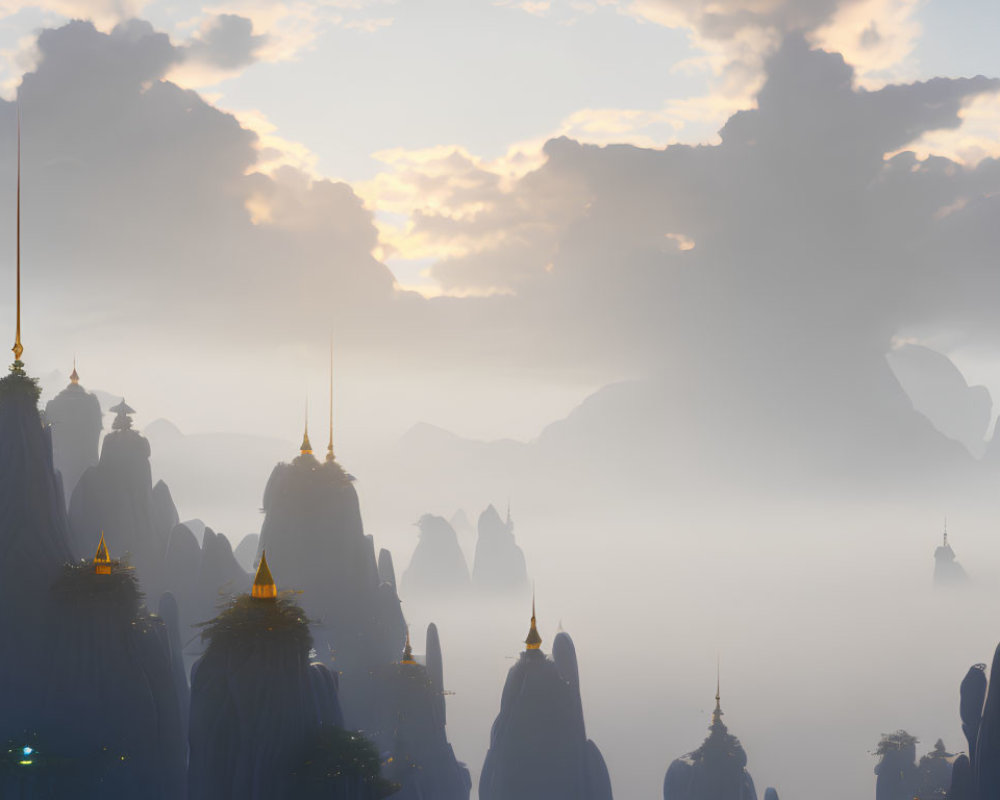 Mystical sunrise landscape with fog, towering mountains, and golden pagodas