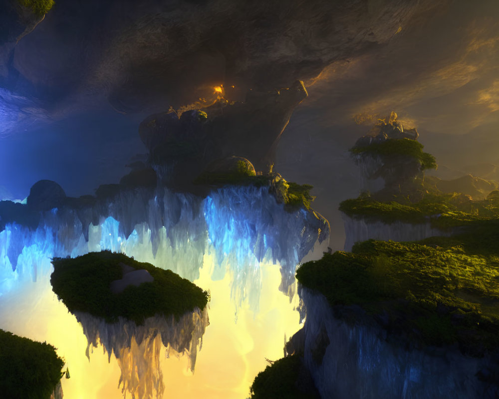 Fantastical landscape with floating islands, waterfalls, lush greenery, and moonlit sky