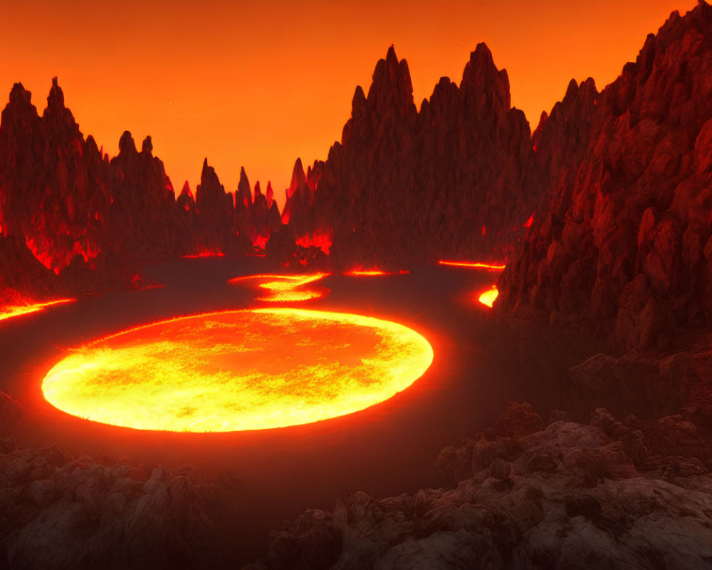 Fiery volcanic landscape with glowing lava lake and rivers against jagged mountains under red sky