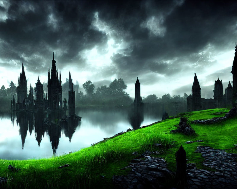 Gothic spires silhouetted in gloomy lakeside scene at twilight