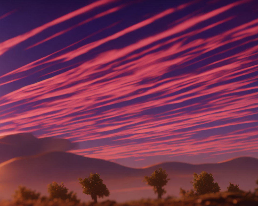 Twilight sky with pink and purple streaked clouds over mountains and trees