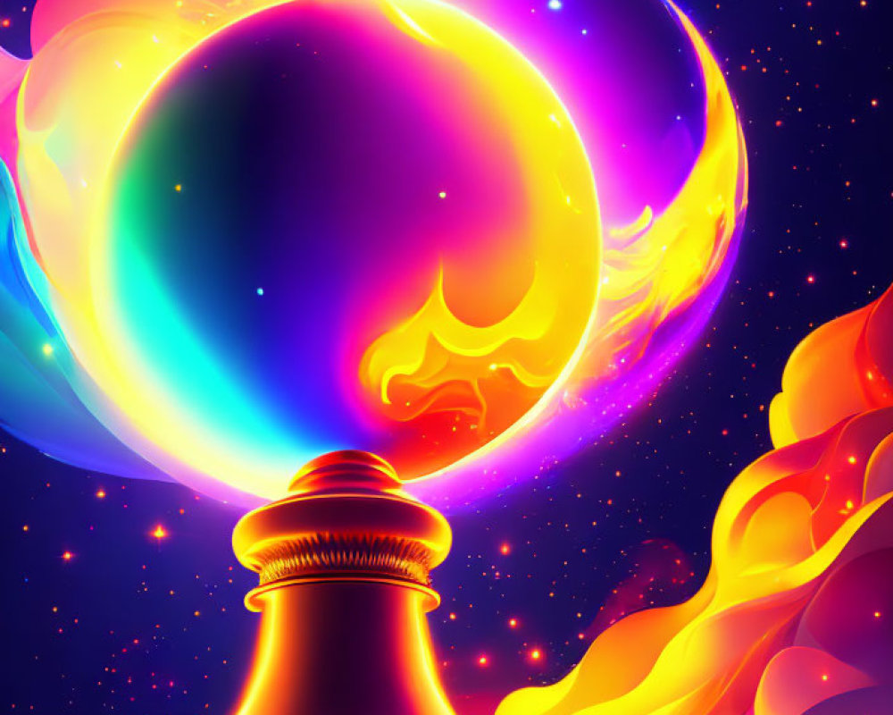 Colorful digital artwork: Fiery orb on golden pedestal with swirling orange clouds in starry sky