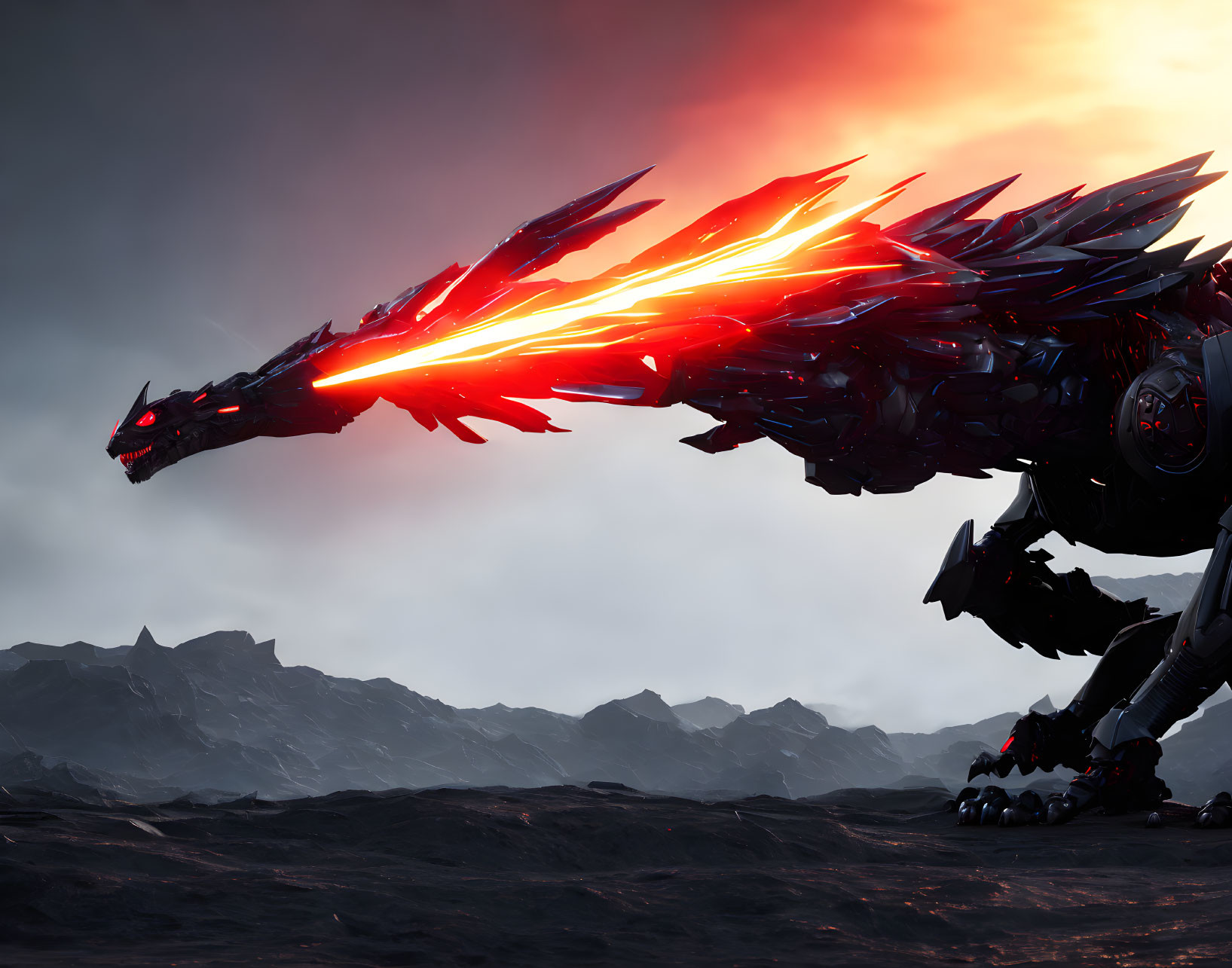 Mechanical dragon breathing fire in dark volcanic landscape