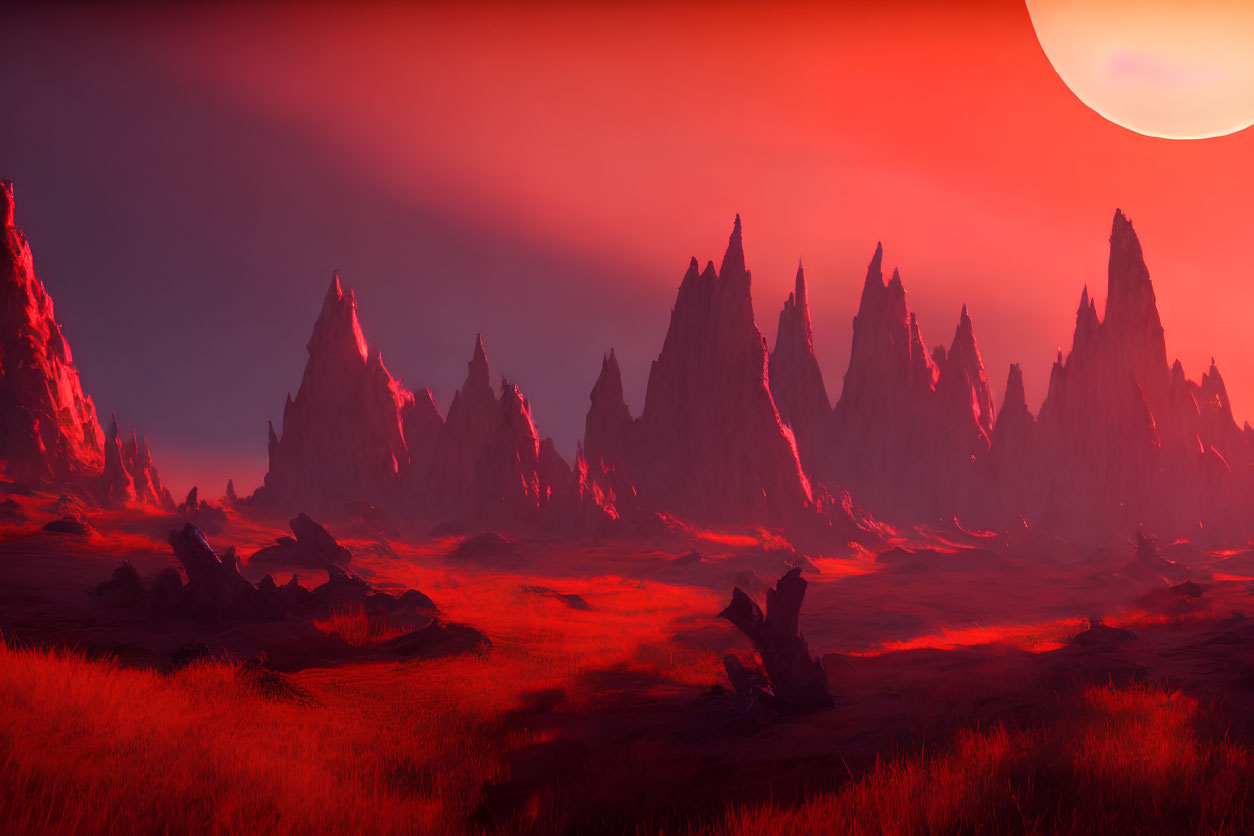 Vivid Red Alien Landscape with Jagged Rock Formations