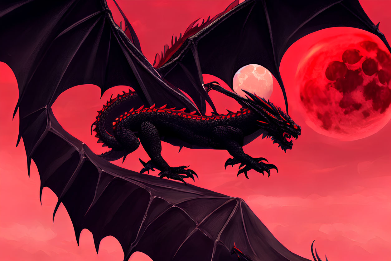 Black dragon with expansive wings in front of red sky and two moons